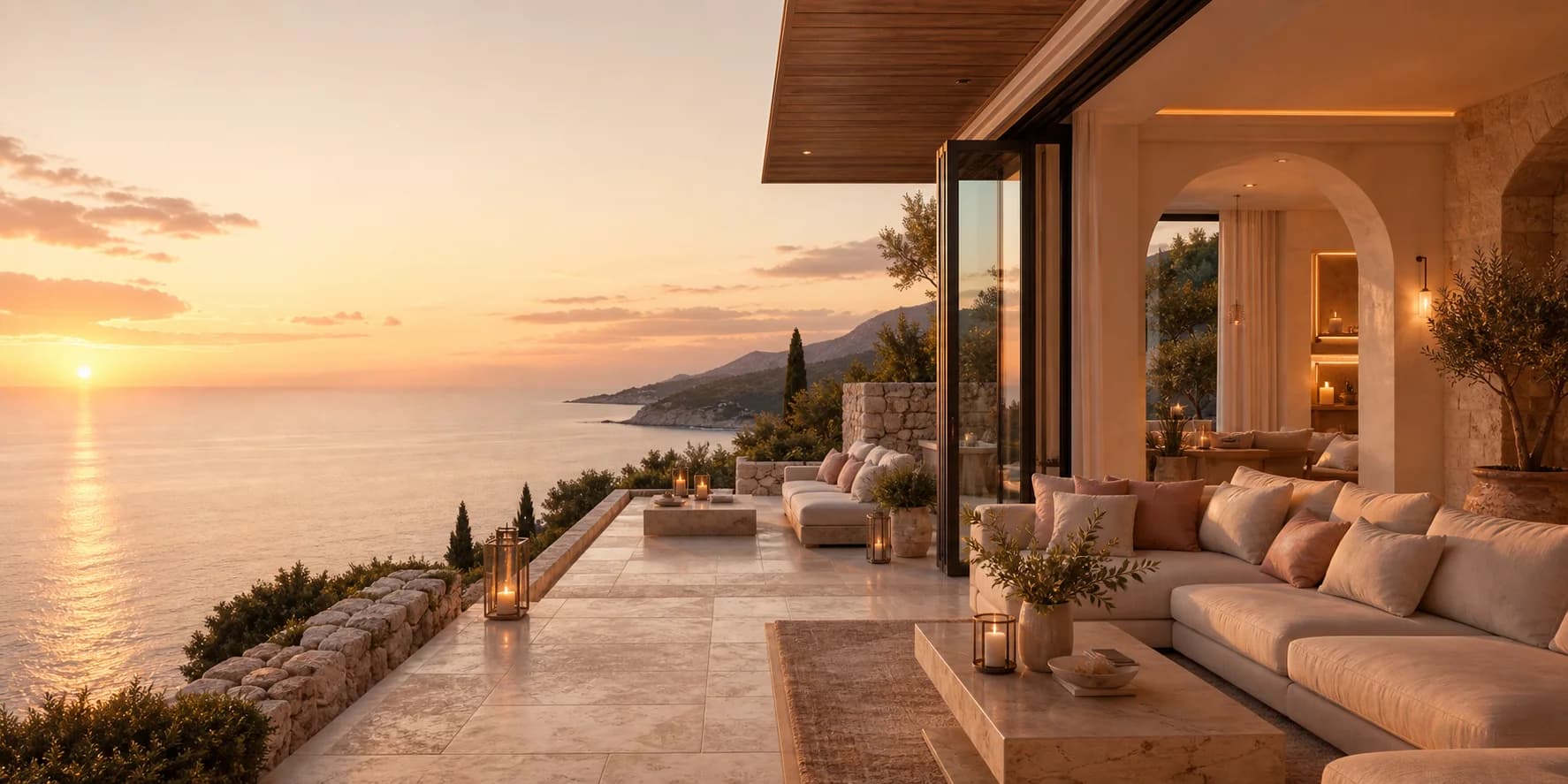 Luxury villa interior opening onto a Mediterranean terrace