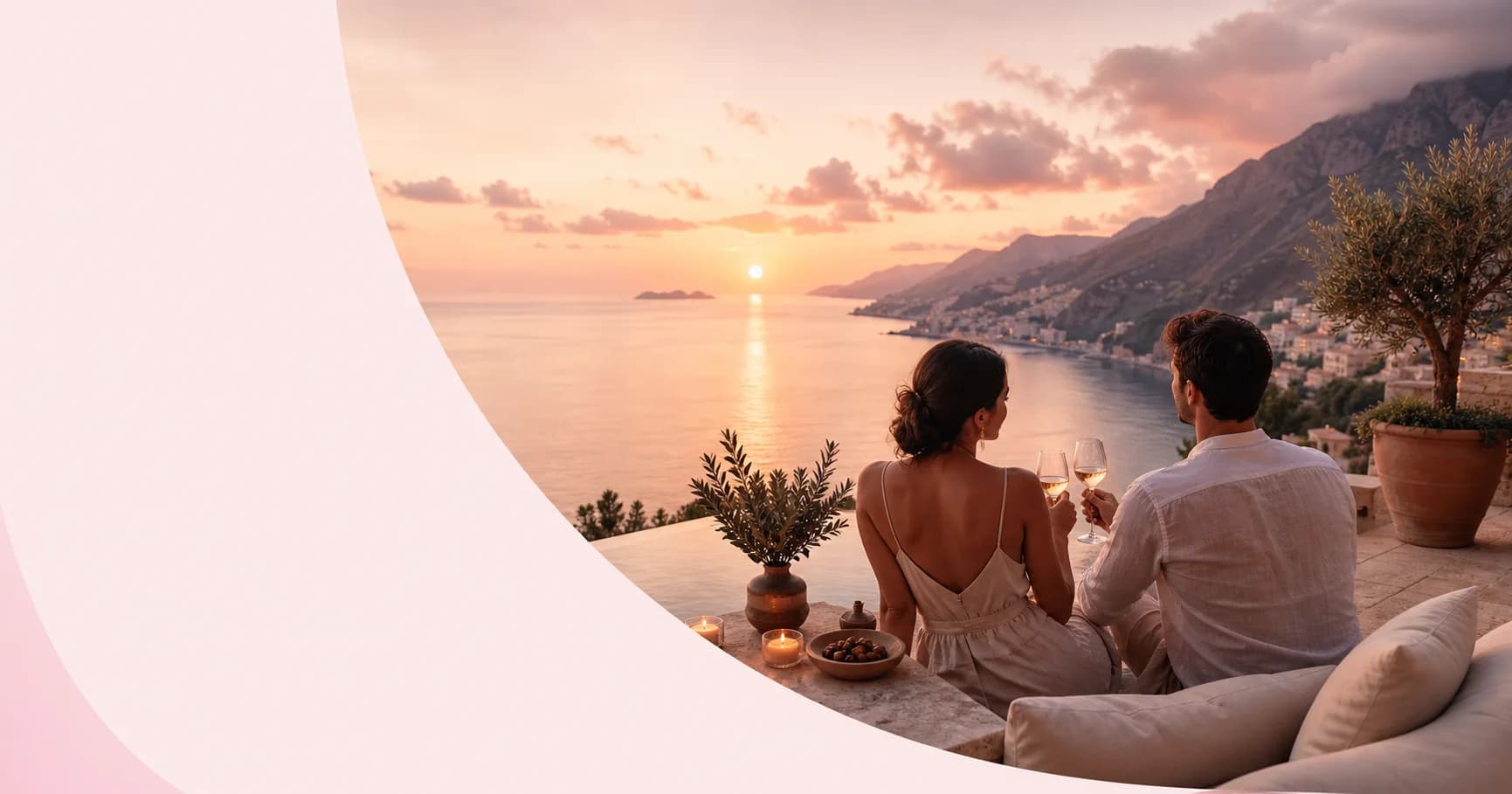 Travelers enjoying a sunset Mediterranean coast from a villa terrace