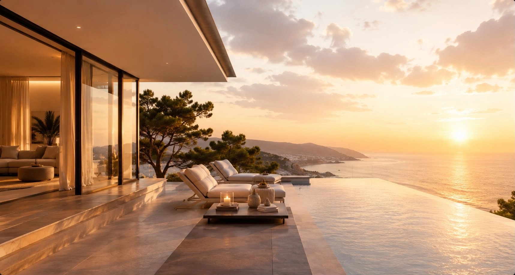 Sunset over a Mediterranean villa terrace
