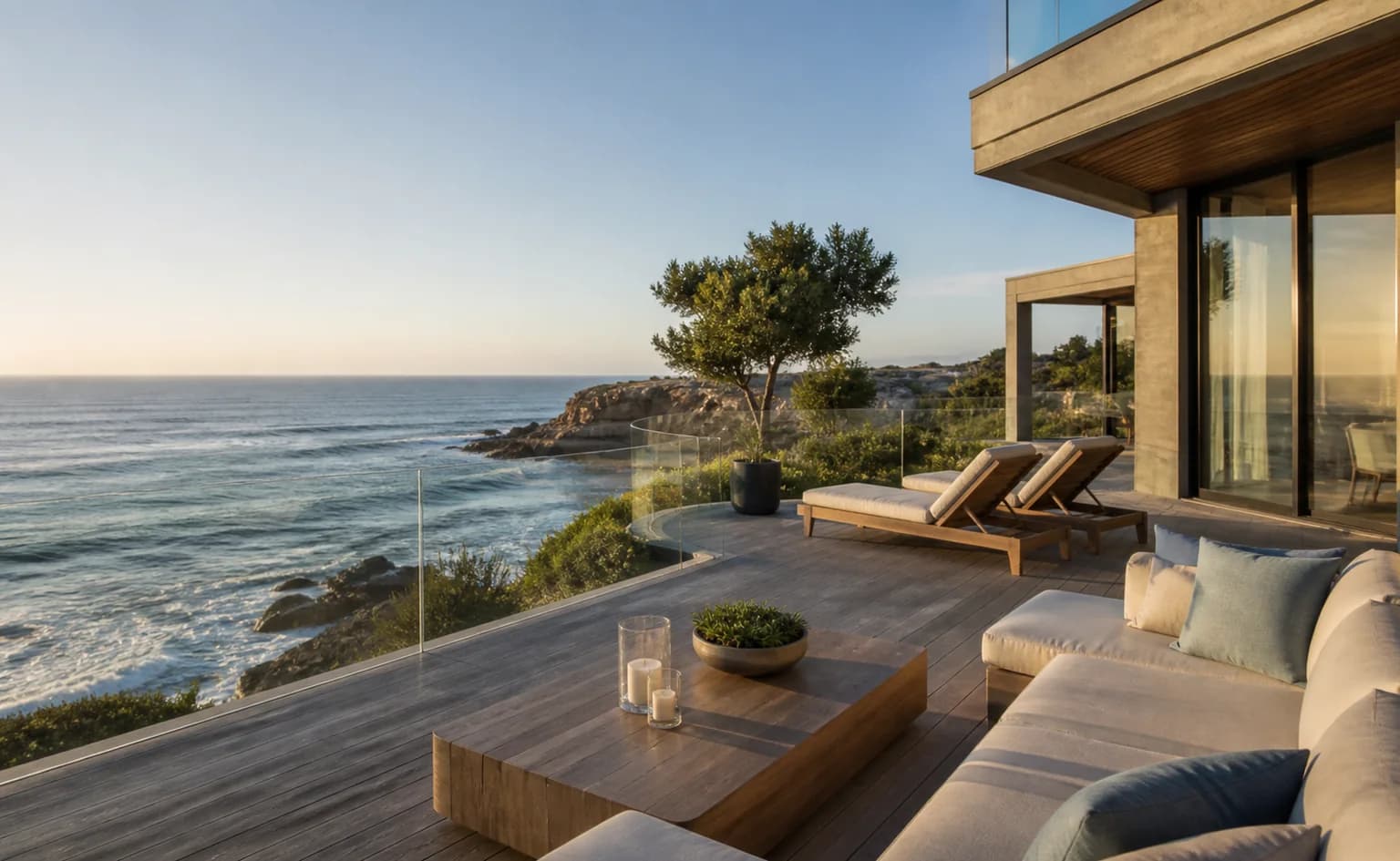 Luxury coastal villa terrace overlooking the sea